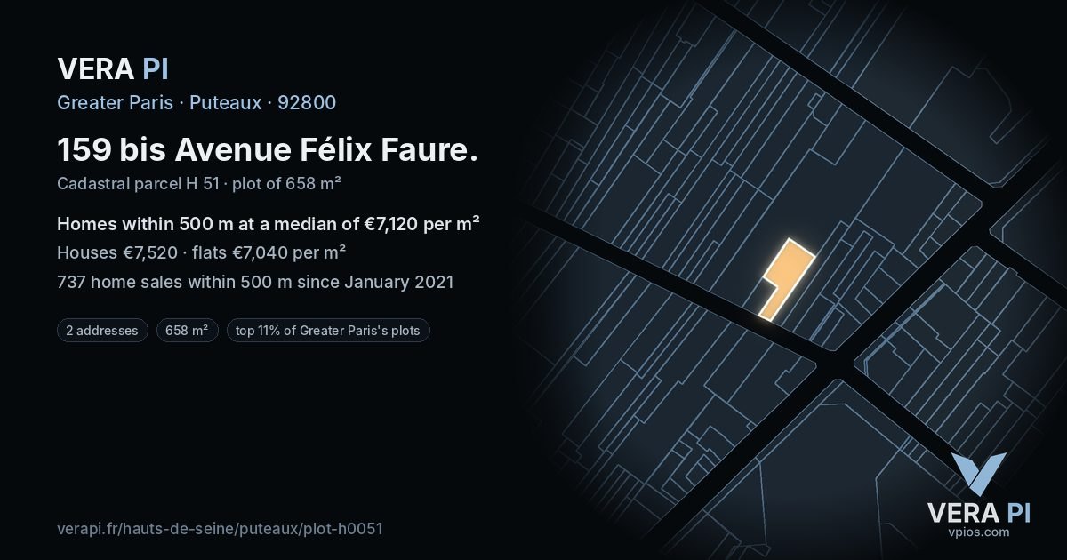 159 bis Avenue Félix Faure, Puteaux at night – the plot lit, the parcels around coloured by the prices near them