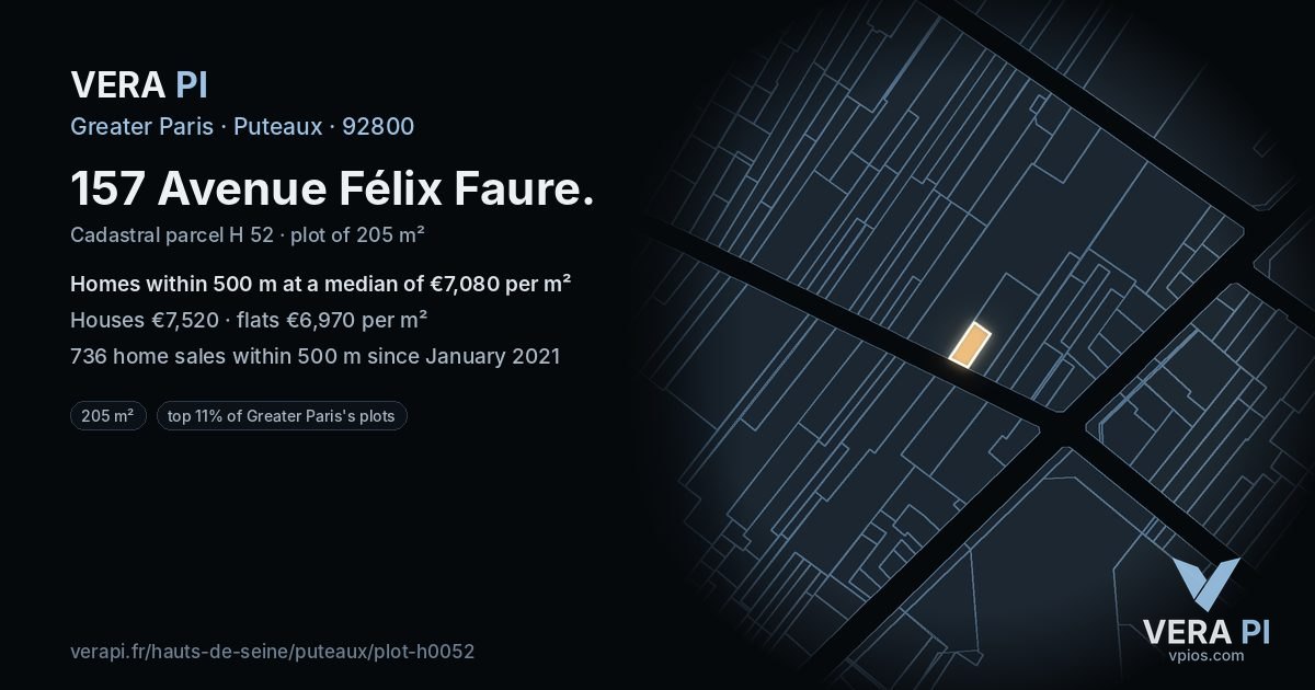 157 Avenue Félix Faure, Puteaux at night – the plot lit, the parcels around coloured by the prices near them
