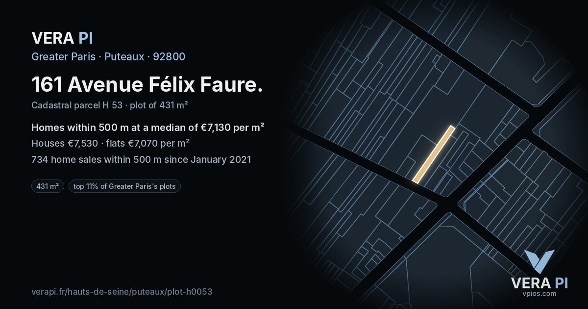 161 Avenue Félix Faure, Puteaux at night – the plot lit, the parcels around coloured by the prices near them
