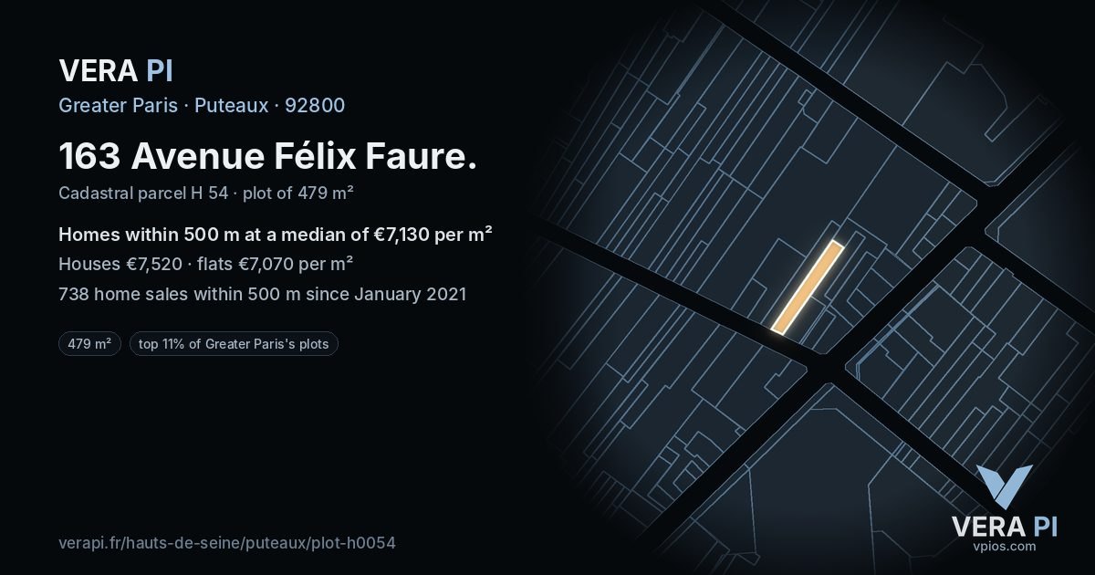 163 Avenue Félix Faure, Puteaux at night – the plot lit, the parcels around coloured by the prices near them