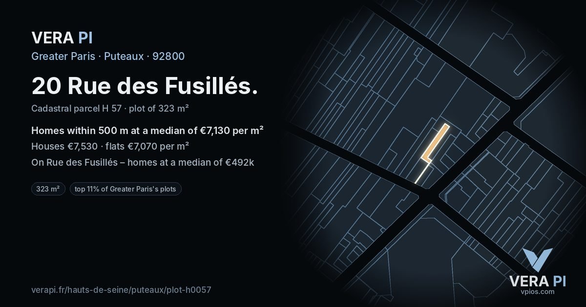 20 Rue des Fusillés, Puteaux at night – the plot lit, the parcels around coloured by the prices near them