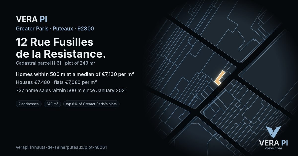 12 Rue Fusilles de la Resistance, Puteaux at night – the plot lit, the parcels around coloured by the prices near them