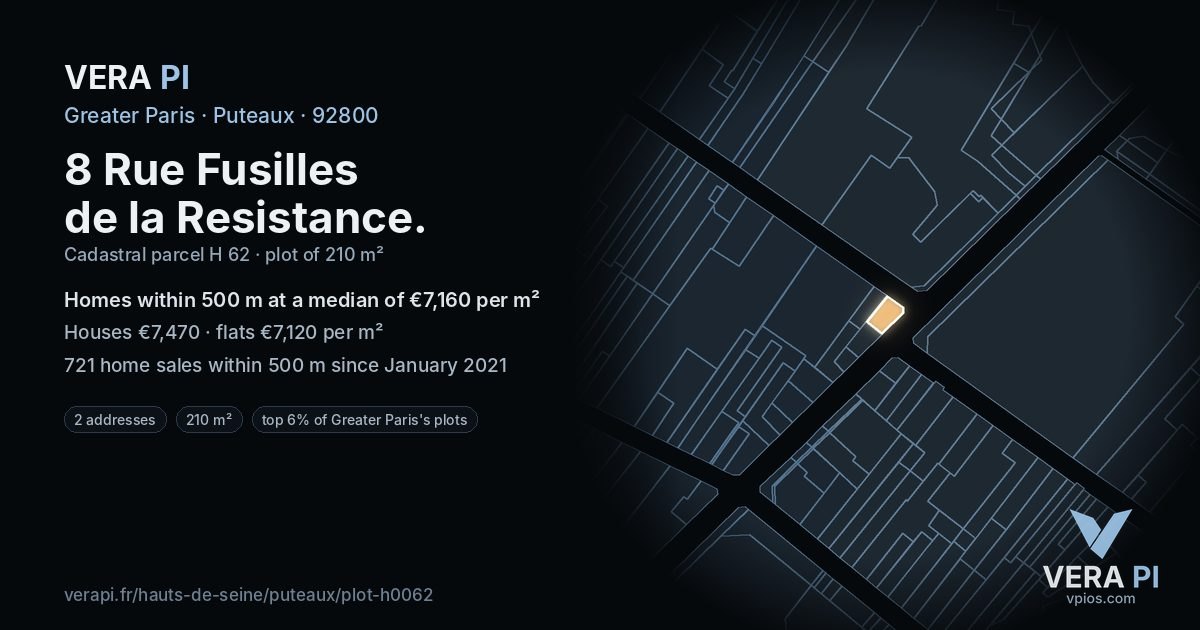 8 Rue Fusilles de la Resistance, Puteaux at night – the plot lit, the parcels around coloured by the prices near them