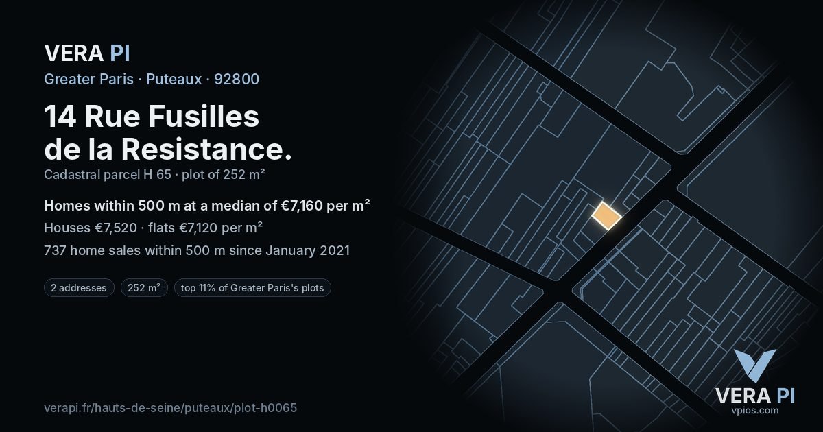 14 Rue Fusilles de la Resistance, Puteaux at night – the plot lit, the parcels around coloured by the prices near them