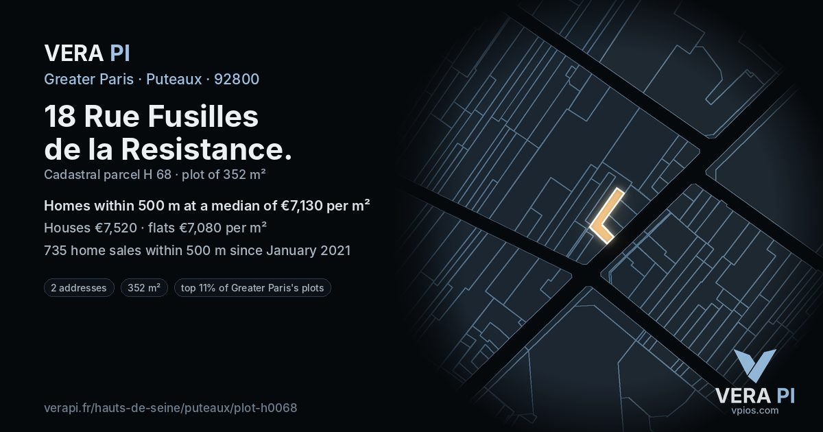 18 Rue Fusilles de la Resistance, Puteaux at night – the plot lit, the parcels around coloured by the prices near them