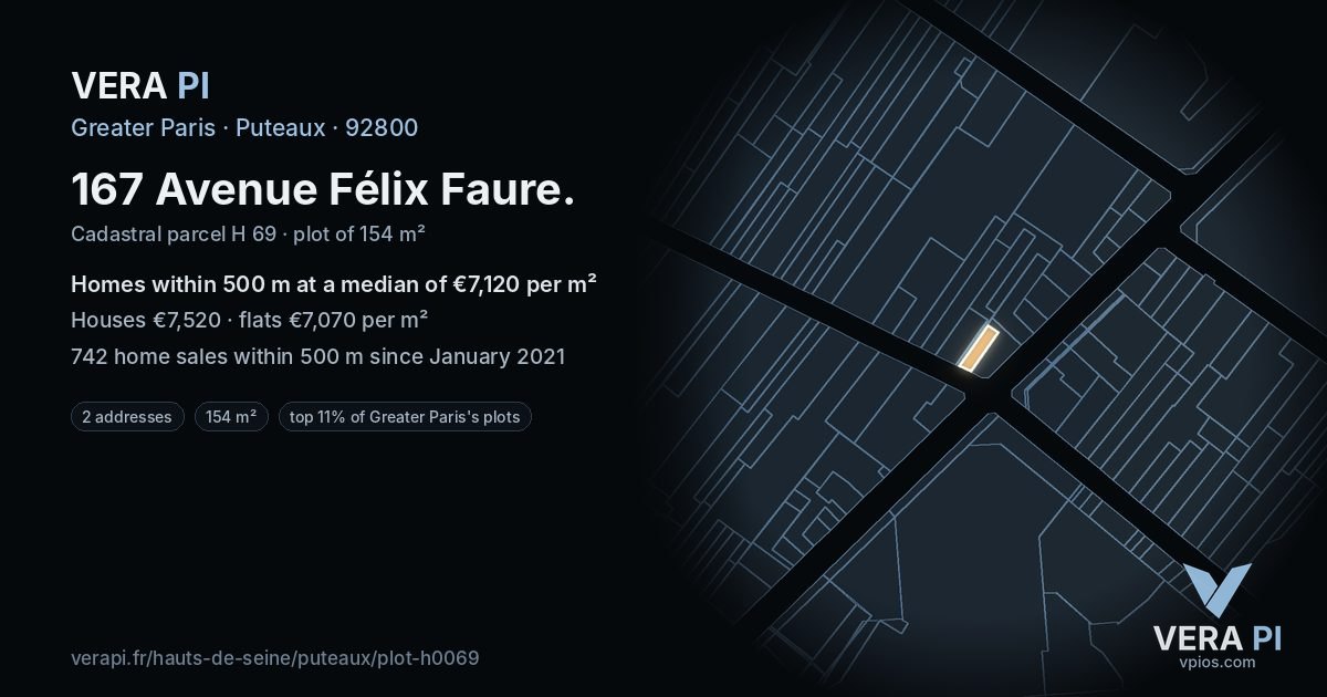 167 Avenue Félix Faure, Puteaux at night – the plot lit, the parcels around coloured by the prices near them