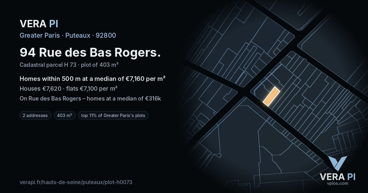 94 Rue des Bas Rogers, Puteaux at night – the plot lit, the parcels around coloured by the prices near them