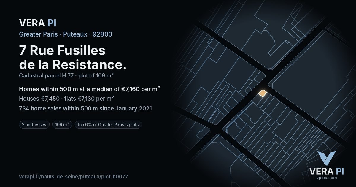 7 Rue Fusilles de la Resistance, Puteaux at night – the plot lit, the parcels around coloured by the prices near them