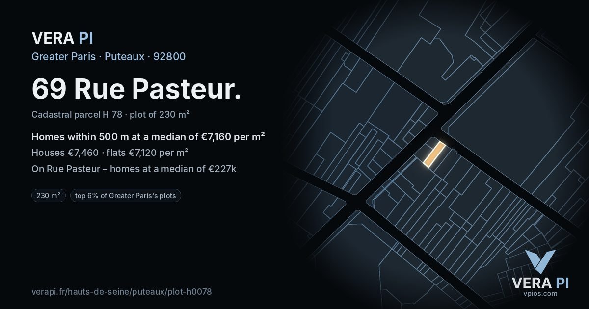 69 Rue Pasteur, Puteaux at night – the plot lit, the parcels around coloured by the prices near them