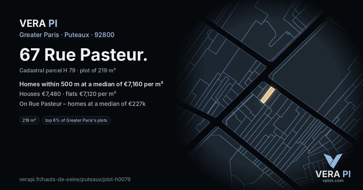 67 Rue Pasteur, Puteaux at night – the plot lit, the parcels around coloured by the prices near them