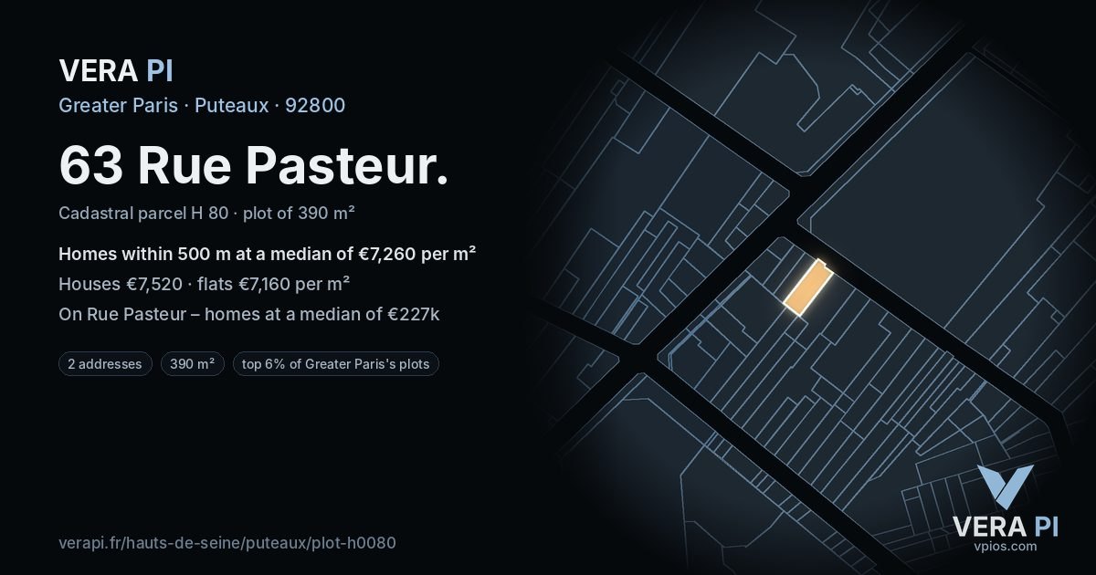 63 Rue Pasteur, Puteaux at night – the plot lit, the parcels around coloured by the prices near them