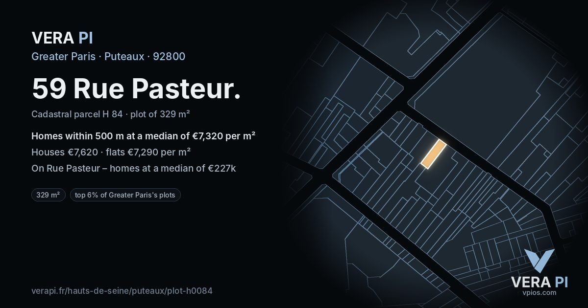 59 Rue Pasteur, Puteaux at night – the plot lit, the parcels around coloured by the prices near them
