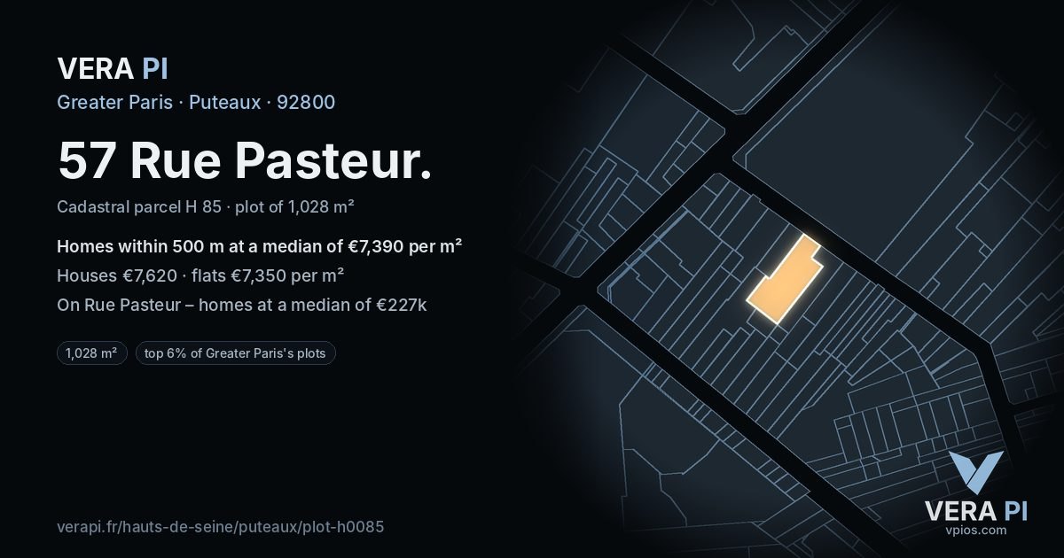 57 Rue Pasteur, Puteaux at night – the plot lit, the parcels around coloured by the prices near them