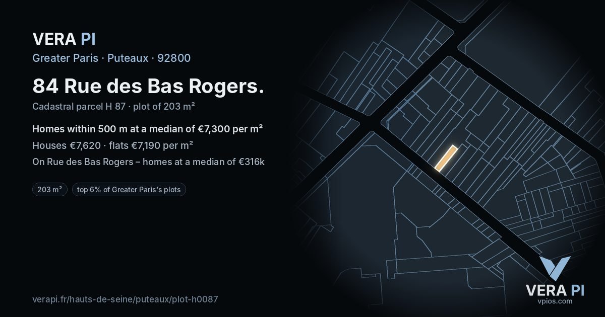 84 Rue des Bas Rogers, Puteaux at night – the plot lit, the parcels around coloured by the prices near them