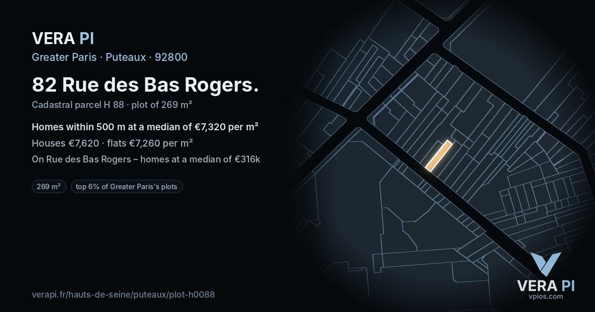 82 Rue des Bas Rogers, Puteaux at night – the plot lit, the parcels around coloured by the prices near them