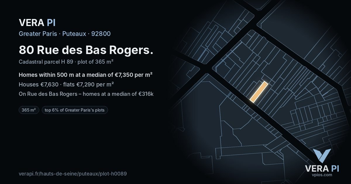 80 Rue des Bas Rogers, Puteaux at night – the plot lit, the parcels around coloured by the prices near them