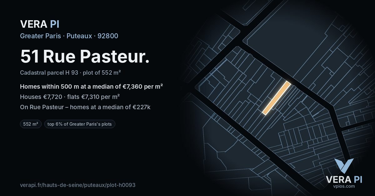 51 Rue Pasteur, Puteaux at night – the plot lit, the parcels around coloured by the prices near them