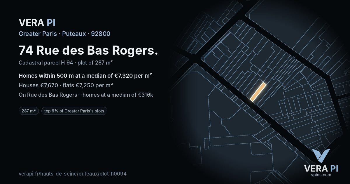 74 Rue des Bas Rogers, Puteaux at night – the plot lit, the parcels around coloured by the prices near them