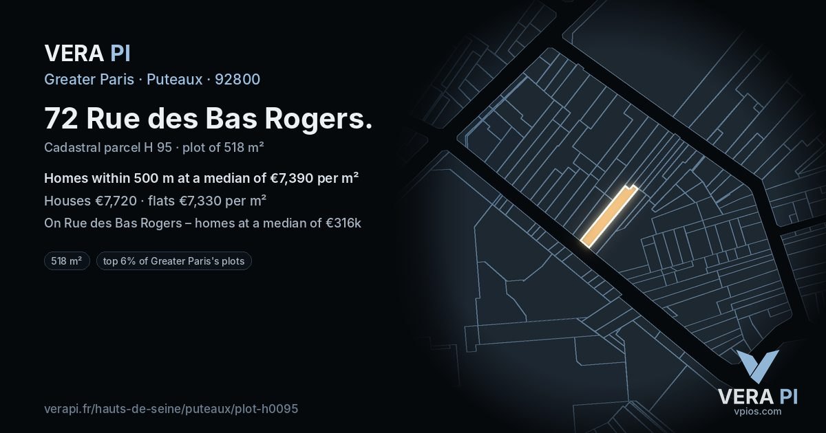 72 Rue des Bas Rogers, Puteaux at night – the plot lit, the parcels around coloured by the prices near them