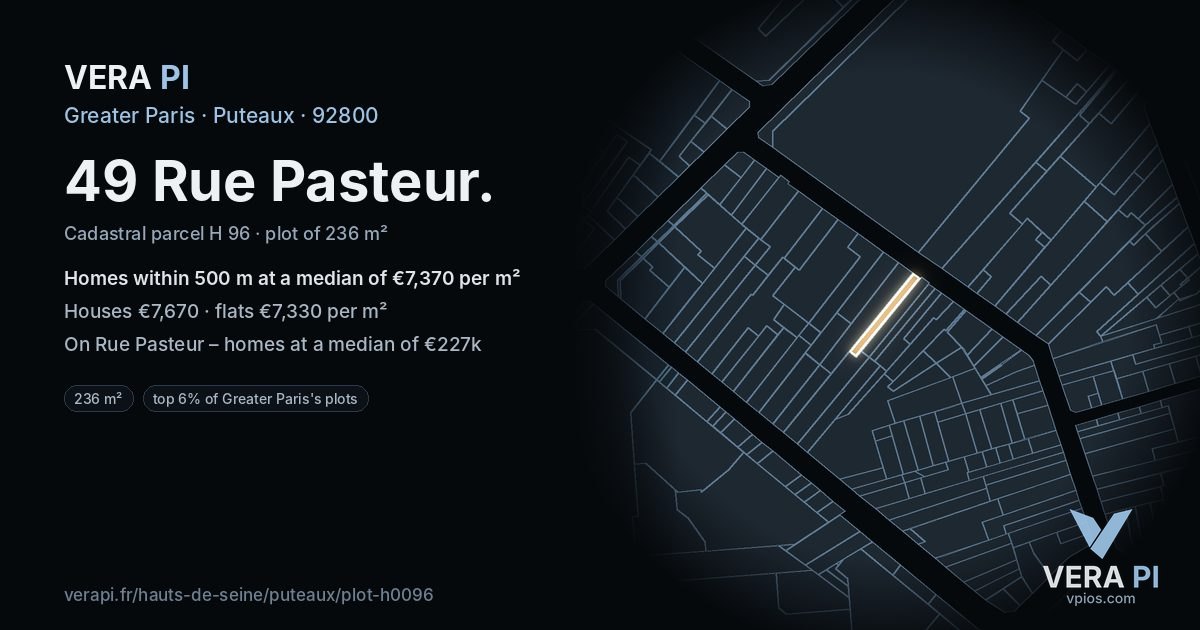 49 Rue Pasteur, Puteaux at night – the plot lit, the parcels around coloured by the prices near them