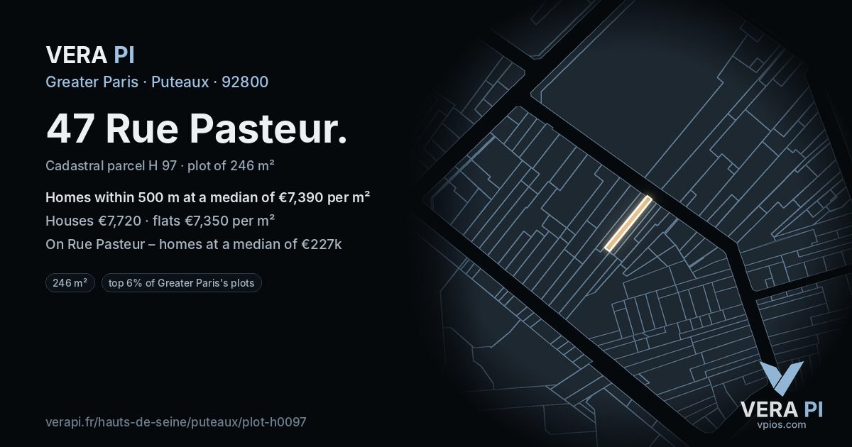 47 Rue Pasteur, Puteaux at night – the plot lit, the parcels around coloured by the prices near them