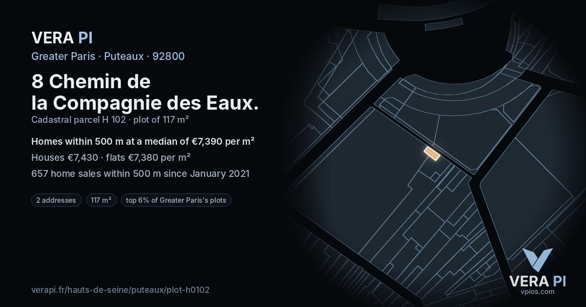 8 Chemin de la Compagnie des Eaux, Puteaux at night – the plot lit, the parcels around coloured by the prices near them