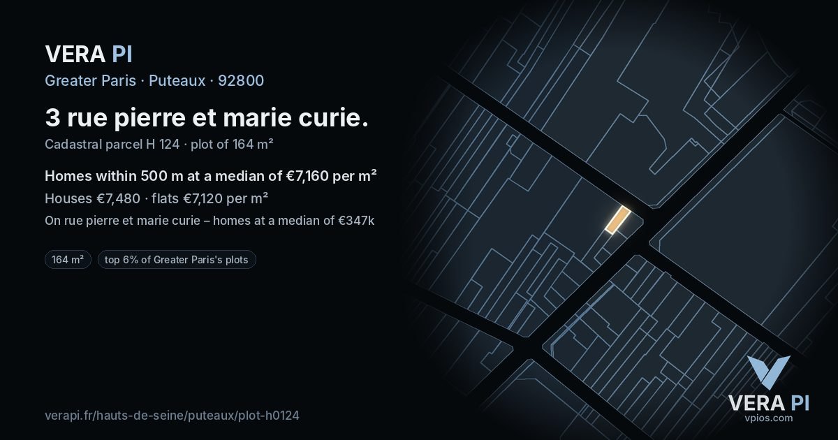 3 rue pierre et marie curie, Puteaux at night – the plot lit, the parcels around coloured by the prices near them