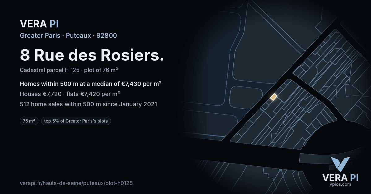 8 Rue des Rosiers, Puteaux at night – the plot lit, the parcels around coloured by the prices near them