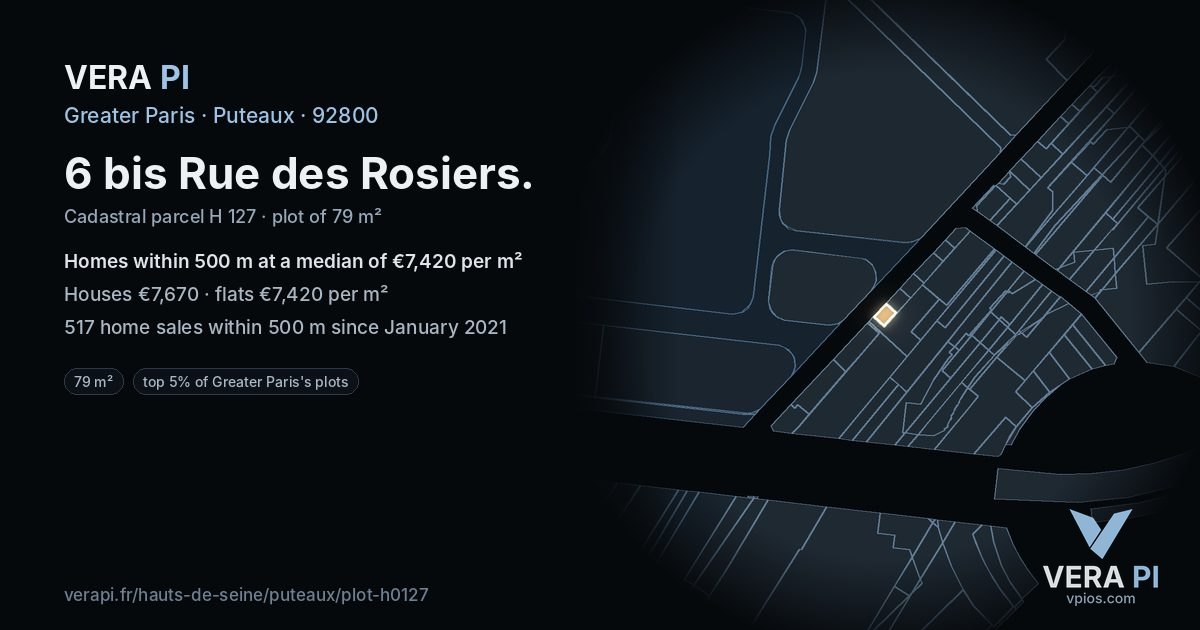 6 bis Rue des Rosiers, Puteaux at night – the plot lit, the parcels around coloured by the prices near them