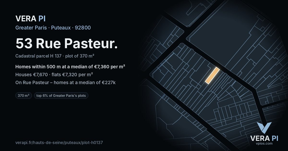 53 Rue Pasteur, Puteaux at night – the plot lit, the parcels around coloured by the prices near them