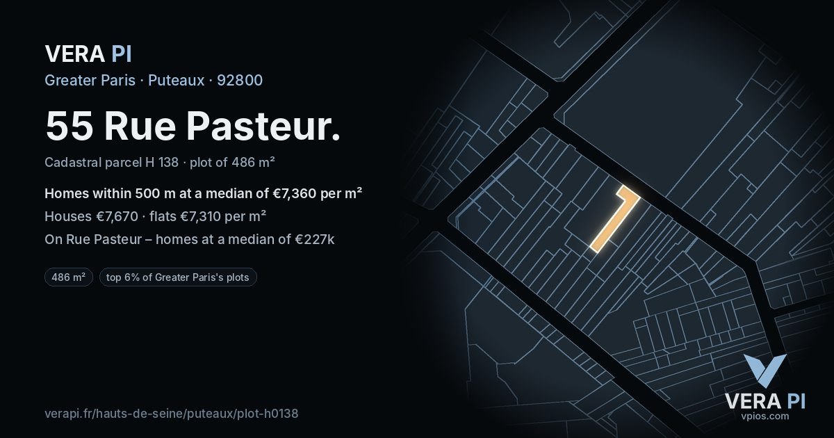 55 Rue Pasteur, Puteaux at night – the plot lit, the parcels around coloured by the prices near them