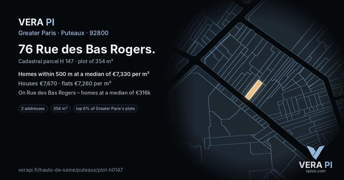 76 Rue des Bas Rogers, Puteaux at night – the plot lit, the parcels around coloured by the prices near them