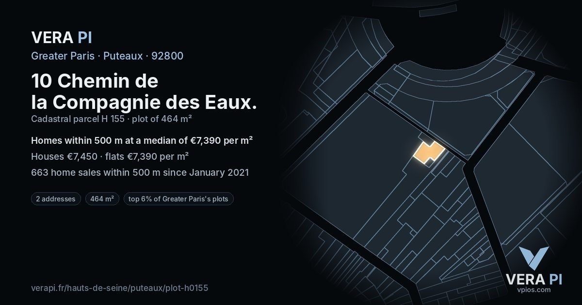 10 Chemin de la Compagnie des Eaux, Puteaux at night – the plot lit, the parcels around coloured by the prices near them