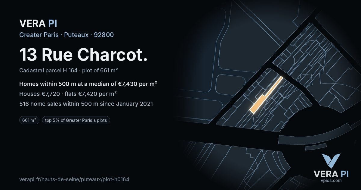 13 Rue Charcot, Puteaux at night – the plot lit, the parcels around coloured by the prices near them