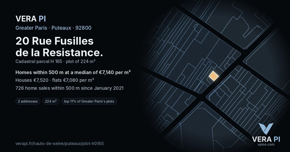 20 Rue Fusilles de la Resistance, Puteaux at night – the plot lit, the parcels around coloured by the prices near them
