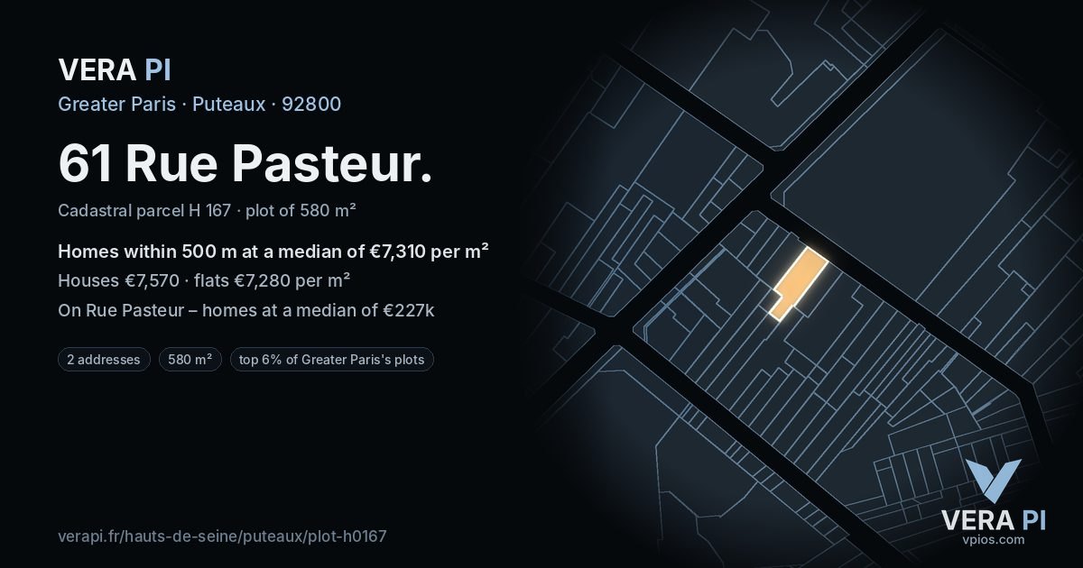 61 Rue Pasteur, Puteaux at night – the plot lit, the parcels around coloured by the prices near them