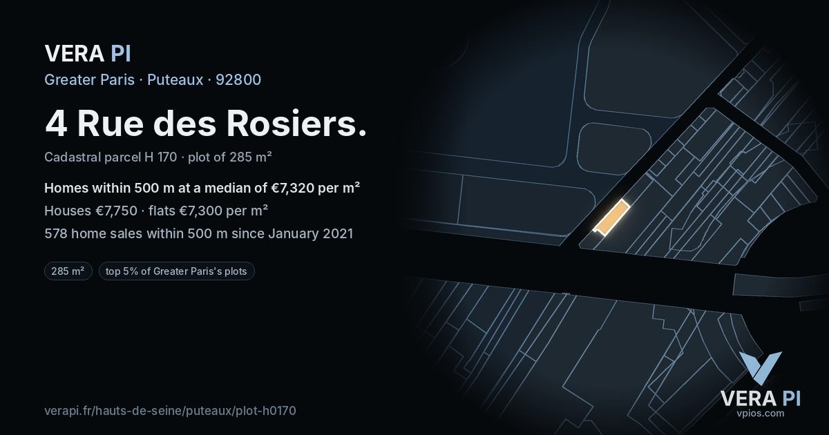 4 Rue des Rosiers, Puteaux at night – the plot lit, the parcels around coloured by the prices near them