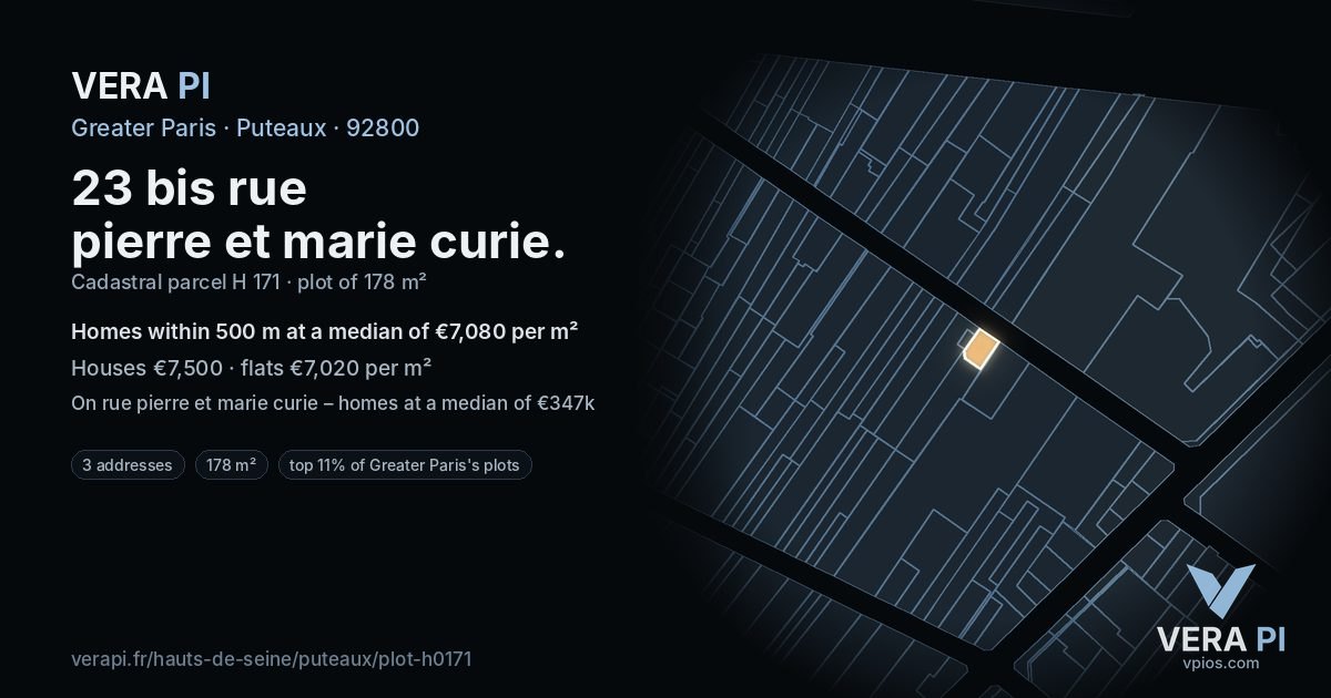 23 bis rue pierre et marie curie, Puteaux at night – the plot lit, the parcels around coloured by the prices near them