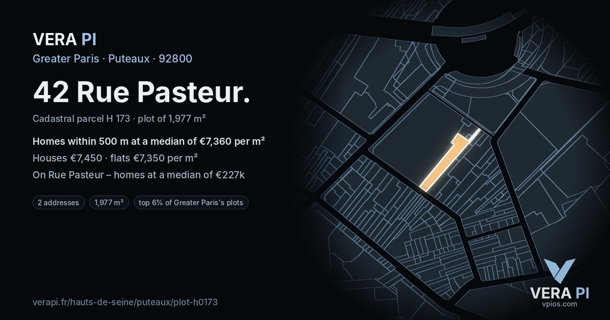 42 Rue Pasteur, Puteaux at night – the plot lit, the parcels around coloured by the prices near them