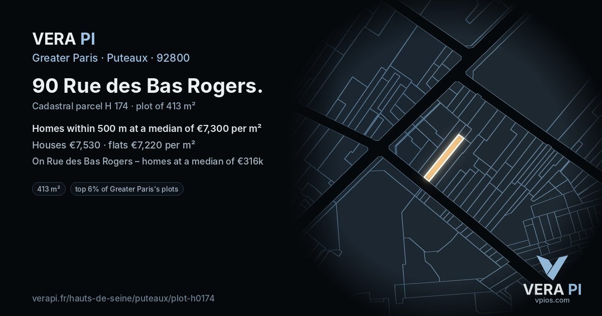 90 Rue des Bas Rogers, Puteaux at night – the plot lit, the parcels around coloured by the prices near them