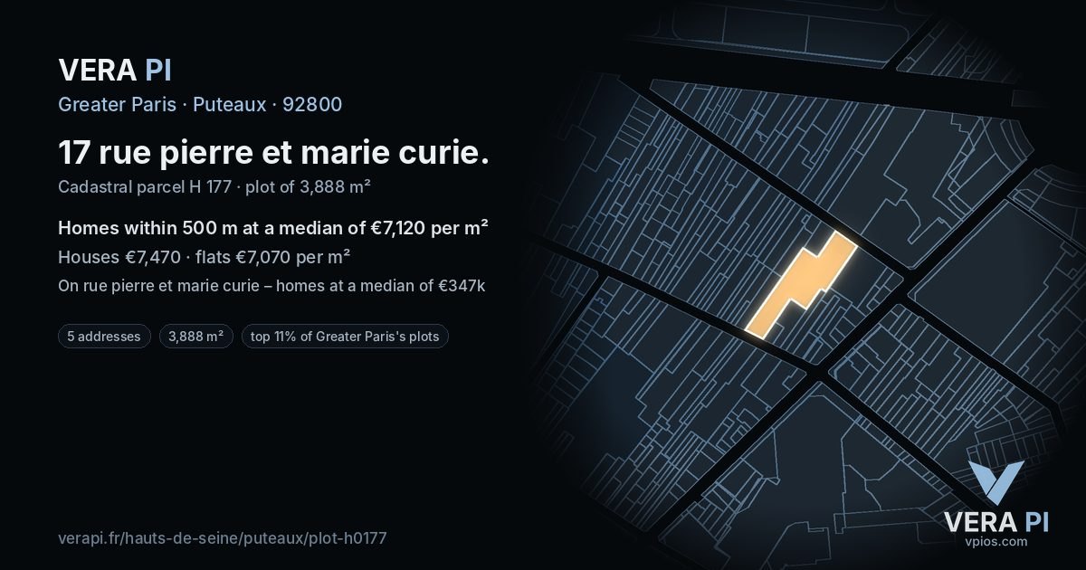 17 rue pierre et marie curie, Puteaux at night – the plot lit, the parcels around coloured by the prices near them
