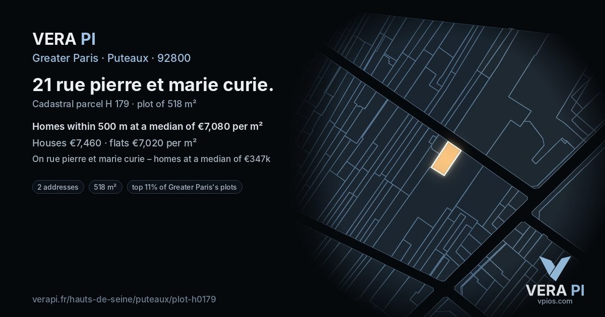 21 rue pierre et marie curie, Puteaux at night – the plot lit, the parcels around coloured by the prices near them