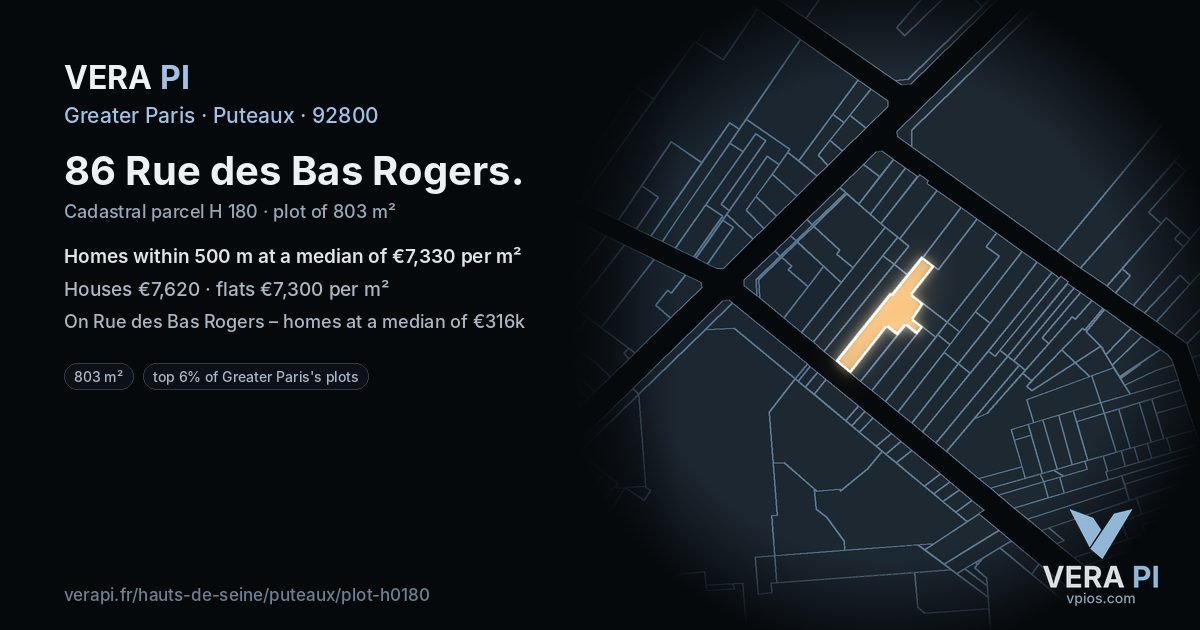 86 Rue des Bas Rogers, Puteaux at night – the plot lit, the parcels around coloured by the prices near them
