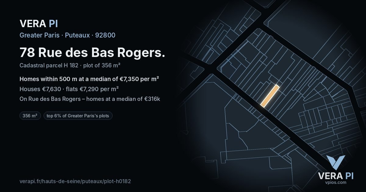 78 Rue des Bas Rogers, Puteaux at night – the plot lit, the parcels around coloured by the prices near them