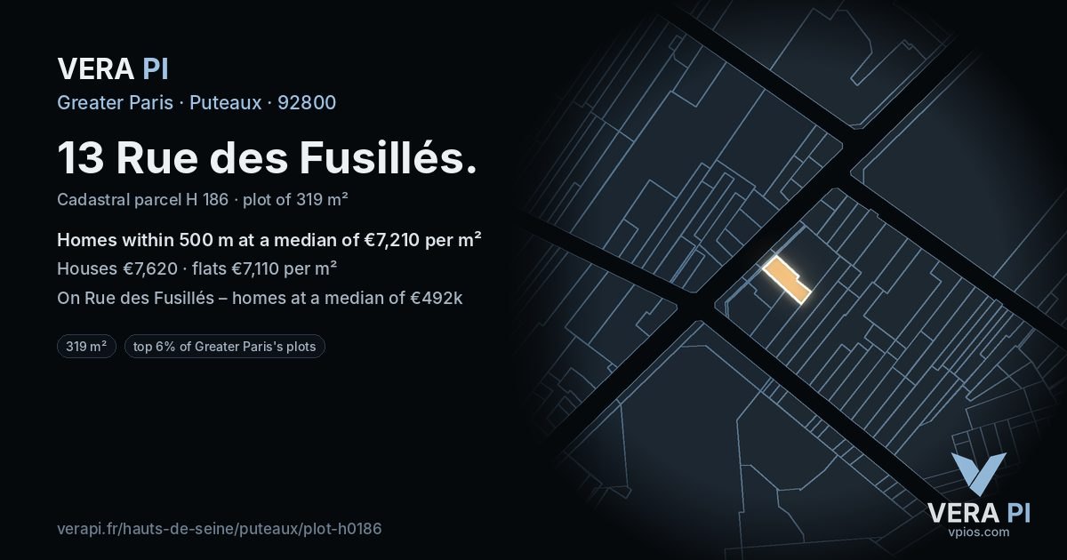 13 Rue des Fusillés, Puteaux at night – the plot lit, the parcels around coloured by the prices near them