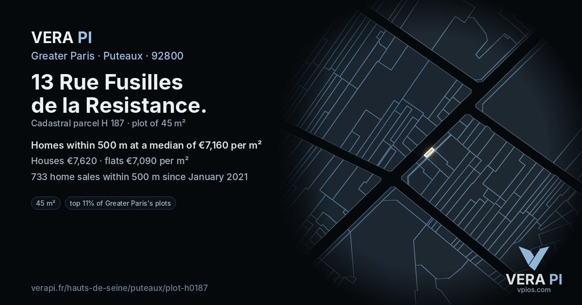 13 Rue Fusilles de la Resistance, Puteaux at night – the plot lit, the parcels around coloured by the prices near them