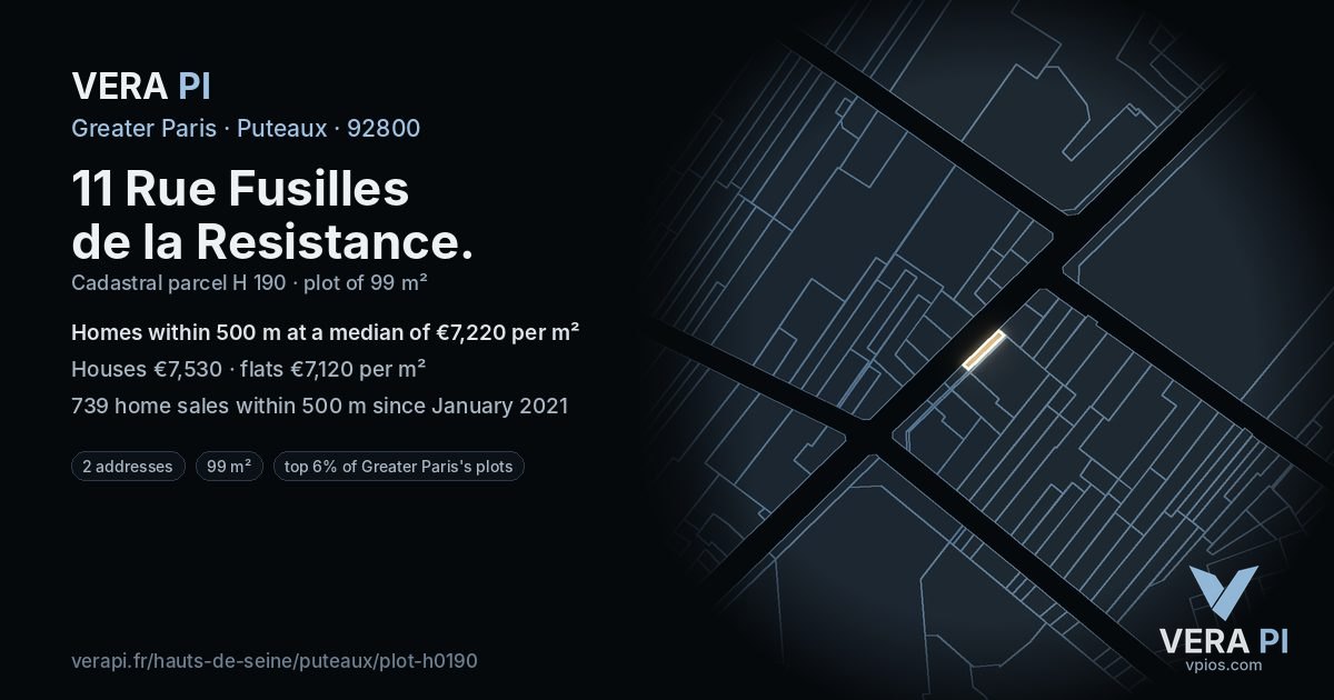 11 Rue Fusilles de la Resistance, Puteaux at night – the plot lit, the parcels around coloured by the prices near them