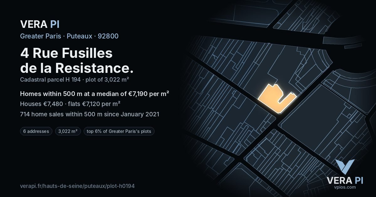 4 Rue Fusilles de la Resistance, Puteaux at night – the plot lit, the parcels around coloured by the prices near them