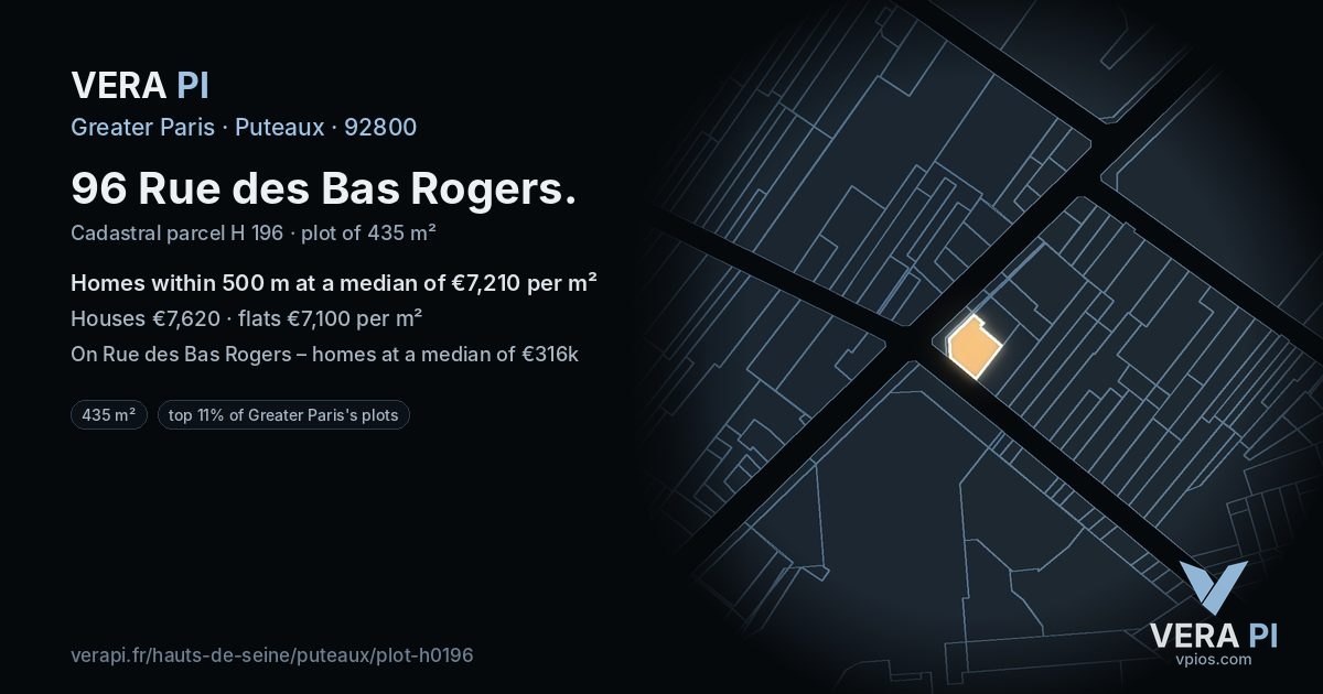 96 Rue des Bas Rogers, Puteaux at night – the plot lit, the parcels around coloured by the prices near them