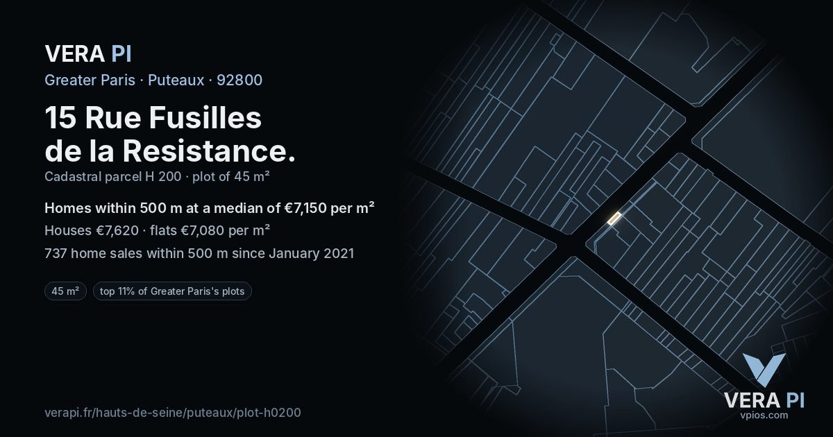 15 Rue Fusilles de la Resistance, Puteaux at night – the plot lit, the parcels around coloured by the prices near them